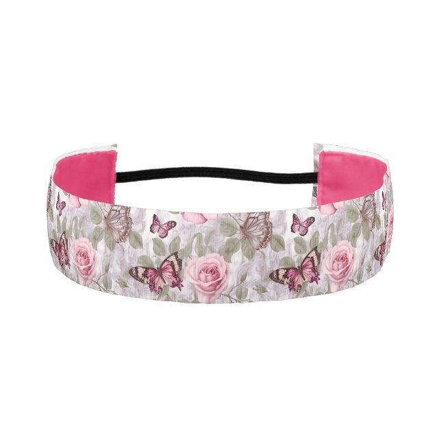 Pink Roses and Butterflies Watercolor Floral Athletic Headband (Front)