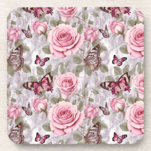 Pink Roses and Butterflies Watercolor Floral Beverage Coaster