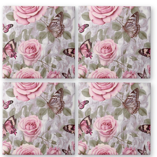 Pink Roses and Butterflies Watercolor Floral Ceramic Tile (Creator Uploaded)