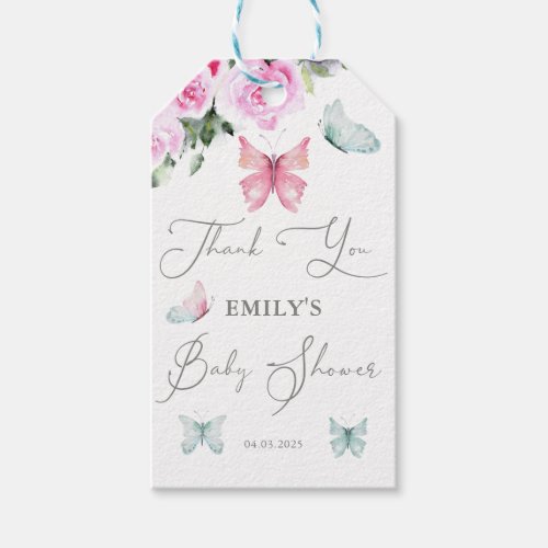 Pink Roses and Butterfly Girl Baby Shower Gift Tags