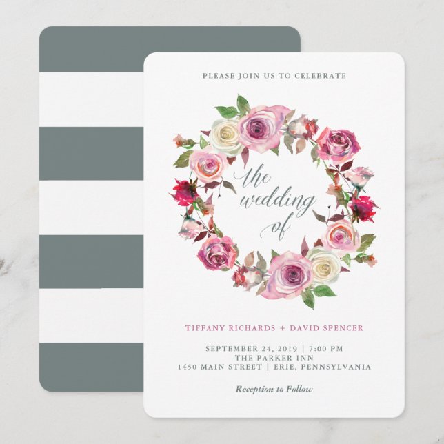 Pink Roses and Chic Gray Stripes | Wedding Wreath Invitation (Front/Back)