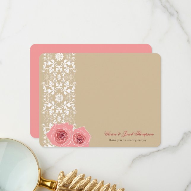Pink Roses And Damask Lace Romantic Chic Wedding Thank You Card (Front/Back In Situ)