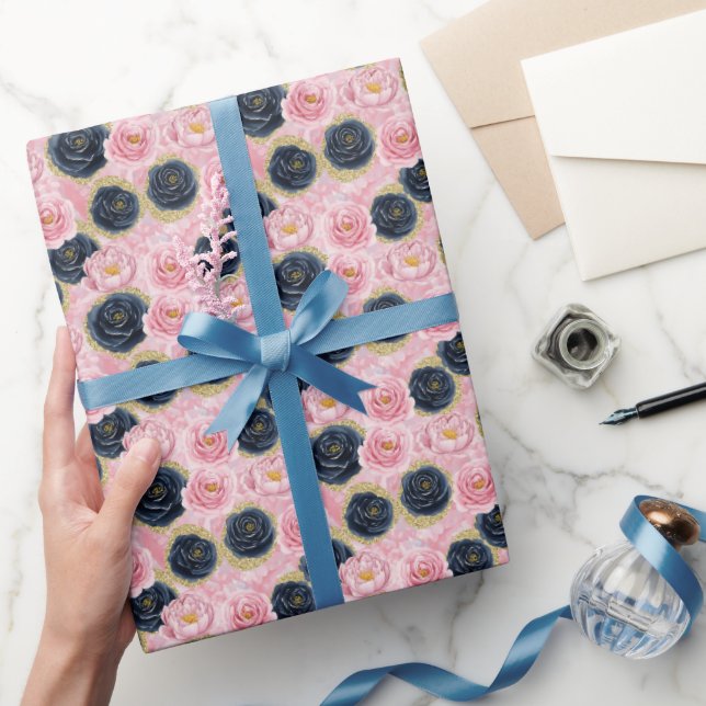 Pink Roses And Dark Blue Faux Glitter Wrapping Paper (Gifting)