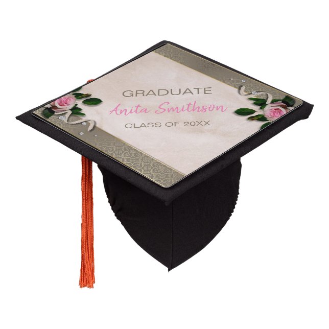 Pink Roses And Dark Grayish Damask Graduation Cap Topper (Angled)