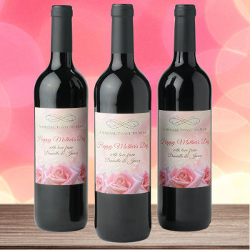 Pink Roses And Dew Drops Mother's Day Wine Label by pinkladybugs at Zazzle