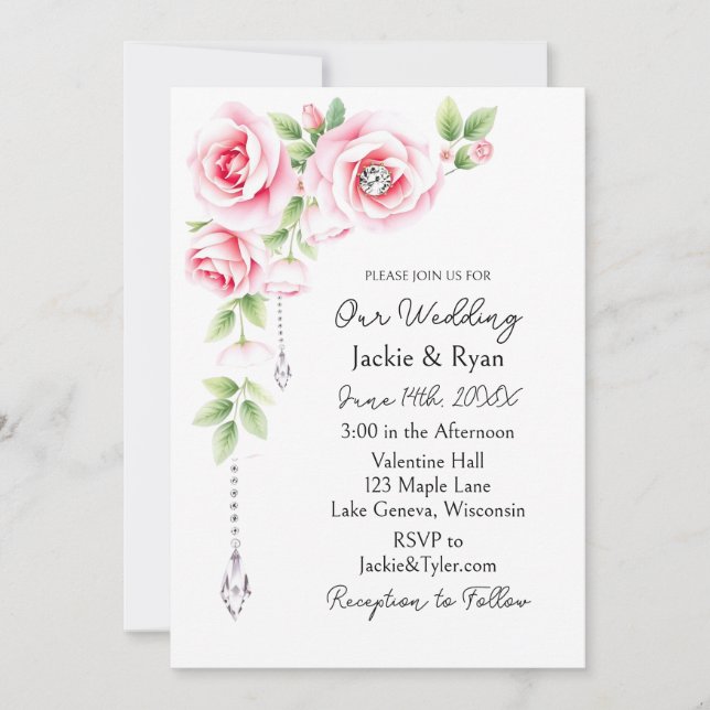 Pink Roses and Diamonds Floral Wedding  Invitation (Front)