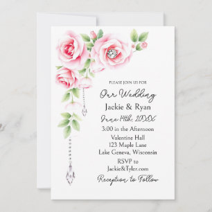 Pink Roses and Diamonds Floral Wedding Invitation