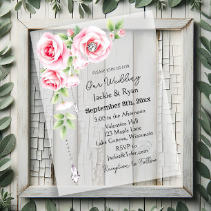 Pink Roses and Diamonds Translucent Wedding Acrylic Invitations