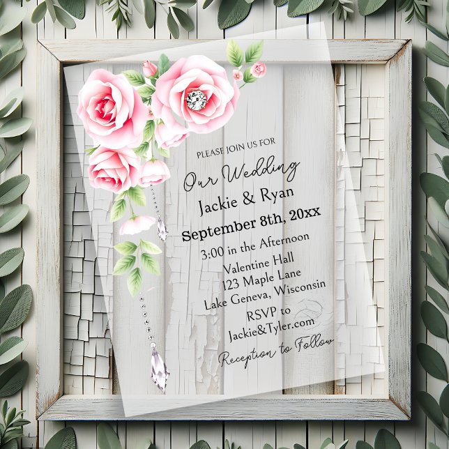 Pink Roses and Diamonds Translucent Wedding  Acrylic Invitations (Creator Uploaded)