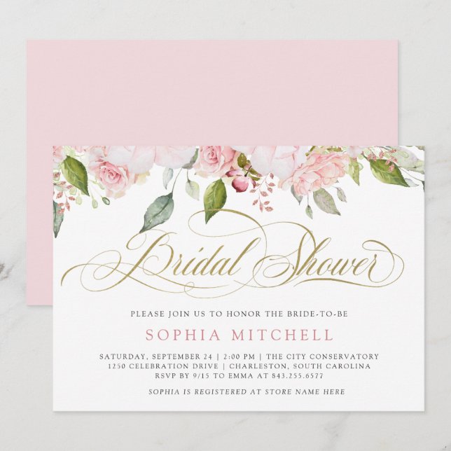 Pink Roses and Elegant Gold Script | Bridal Shower Invitation (Front/Back)