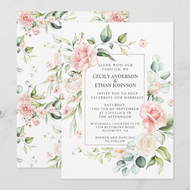 Pink Roses and Eucalyptus Frame Floral Wedding Invitation (Front/Back)