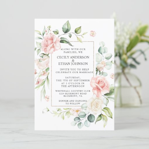 Pink Roses and Eucalyptus Frame Floral Wedding Invitation | Zazzle