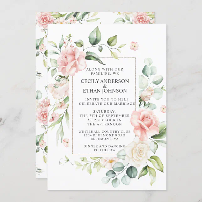 Pink Roses and Eucalyptus Frame Floral Wedding Invitation | Zazzle