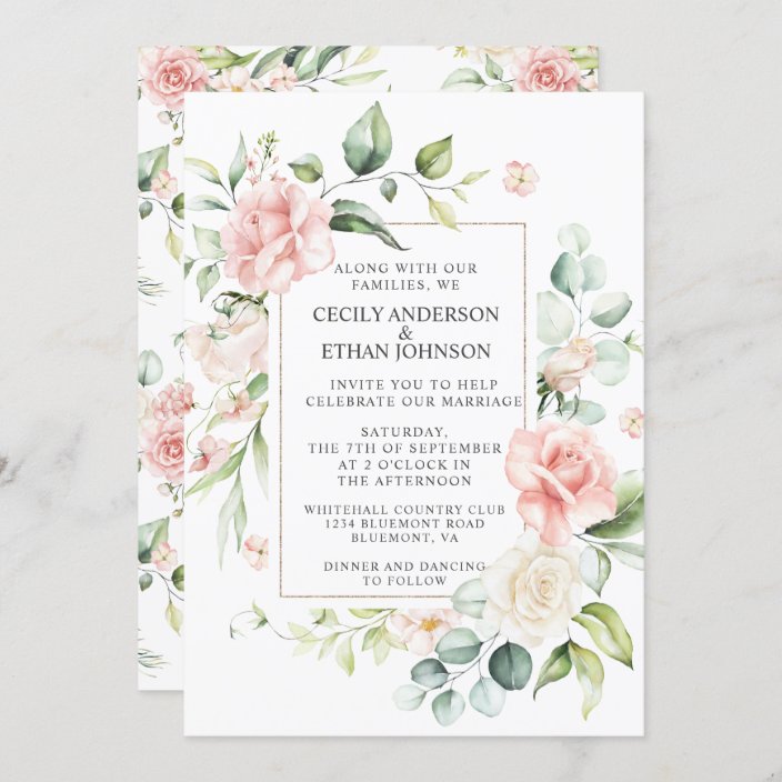 Pink Roses and Eucalyptus Frame Floral Wedding Invitation | Zazzle.com