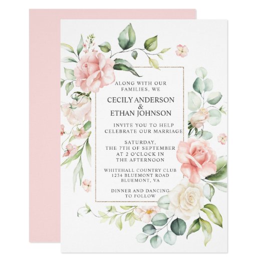 Pink Roses and Eucalyptus Frame Pink Back Wedding Invitation