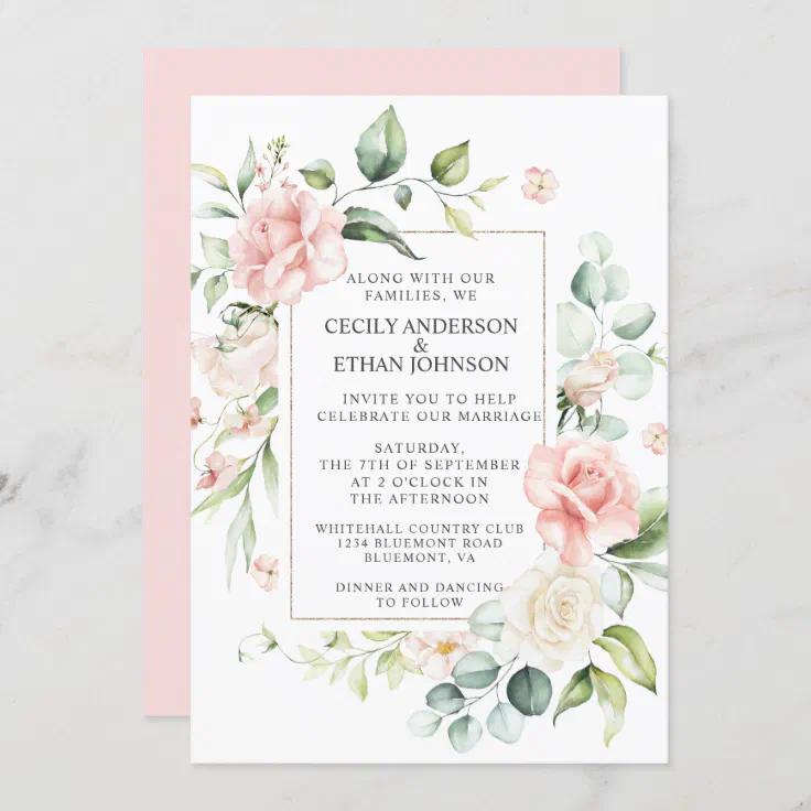 Pink Roses and Eucalyptus Frame Pink Back Wedding Invitation | Zazzle