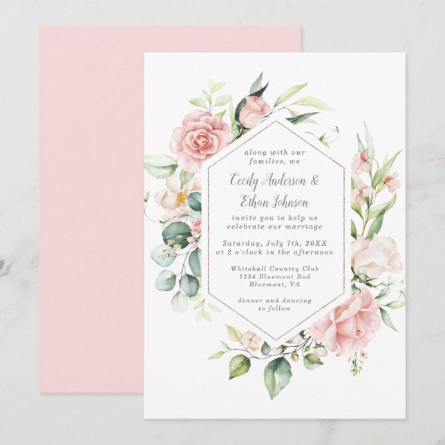 Pink Roses and Eucalyptus Gold Geometric Frame Invitation (Front/Back)