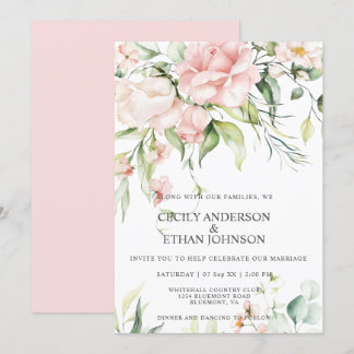 Pink Roses and Eucalyptus Pink Back Wedding Invitation