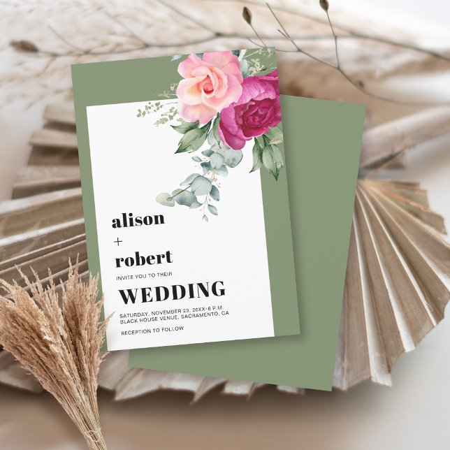 Pink roses and eucalyptus sage green wedding invitation (Creator Uploaded)