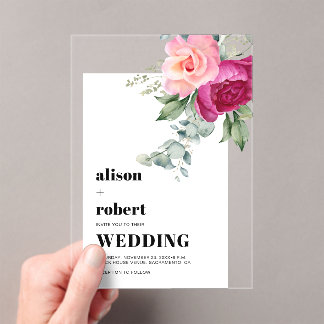 Pink roses and eucalyptus white frame wedding acrylic invitations