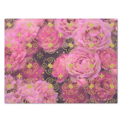 Pink Roses And Faux Gold Glittery Damask Pattern Tissue Paper