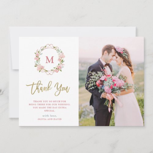 Pink Roses and Faux Gold Script  Photo Wedding Thank You Card