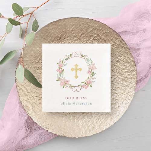 Pink Roses and Faux Rose Gold Accents Baptism Napkins