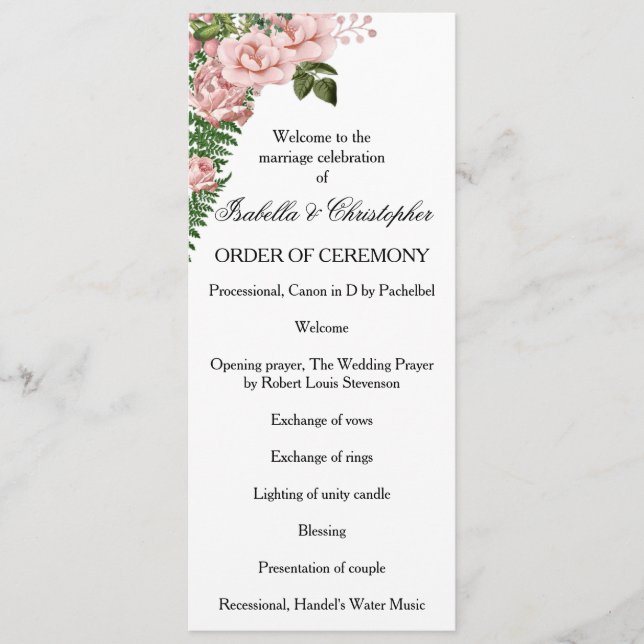 Pink Roses and Ferns Wedding Program (Front)
