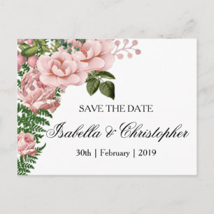 Pink Roses and Ferns Wedding Save the Date Announcement Postcard