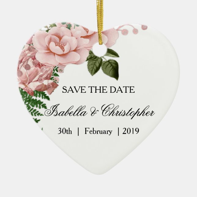 Pink Roses and Ferns Wedding Save the Date Ceramic Ornament (Front)