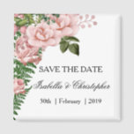 Pink Roses and Ferns Wedding Save the Date Magnet<br><div class="desc">This pretty save the date magnet features a lovely floral design featuring a bunch of pink roses in the left corner, contrasted by green rose petals and leaves and large fern leaves. The details can be easily customized as needed. This pink save the date keepsake is part of a larger...</div>