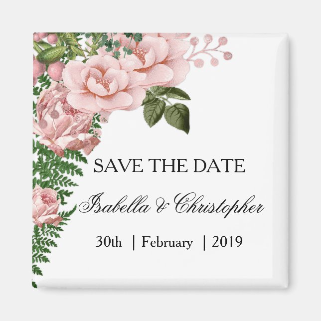 Pink Roses and Ferns Wedding Save the Date Magnet (Front)