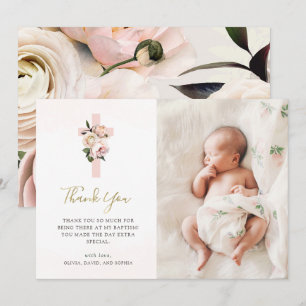 Pink Roses and Ferns with Photo Gold Baptism Thank You Card