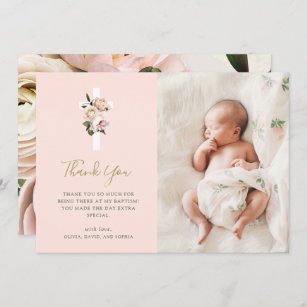 Pink Roses and Ferns with Photo   Gold Baptism Thank You Card