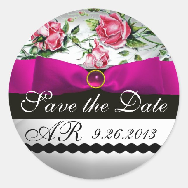 PINK ROSES AND FUCHSIA RIBBON MONOGRAM Gemstone Classic Round Sticker (Front)