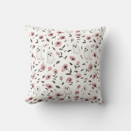 Pink Roses and Ghosts pattern Throw Pillow
