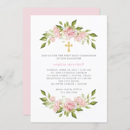 Pink Roses and Gold Cross  First Holy Communion Invitation