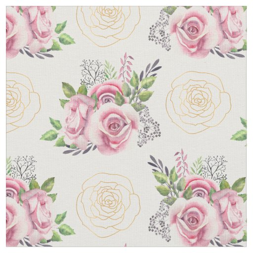Pink Roses and Gold Flowers Watercolor Fabric