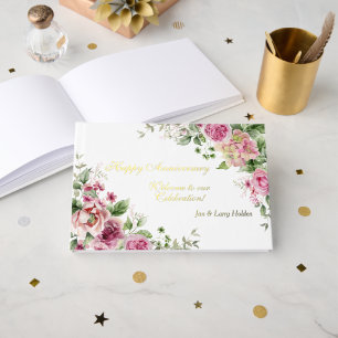 Pink Roses and Gold Foil Anniversary Guest Book