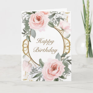 Pink Roses and Gold Frame Birthday Card