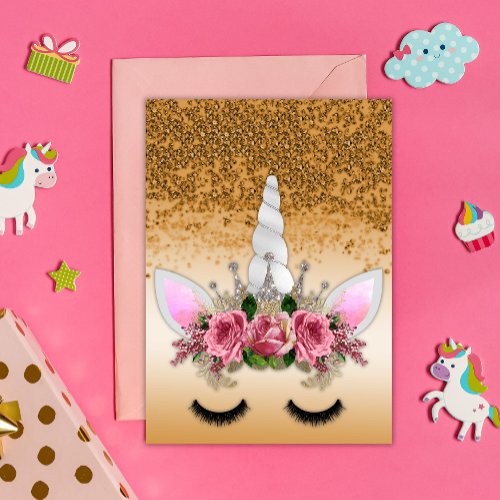 Pink Roses and Gold Glitter Unicorn Card