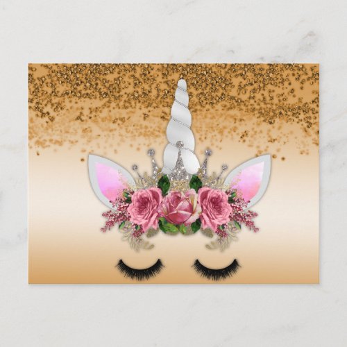 Pink Roses and Gold Glitter Unicorn Postcard