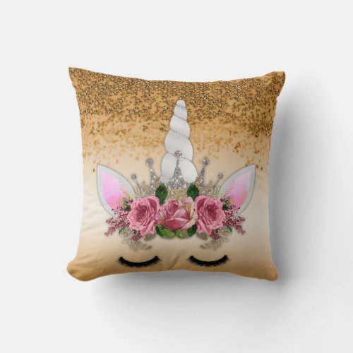 Pink Roses and Gold Glitter Unicorn Throw Pillow
