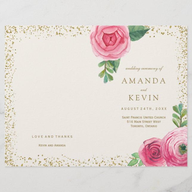 Pink Roses and Gold Glitter Wedding Programs (Front)