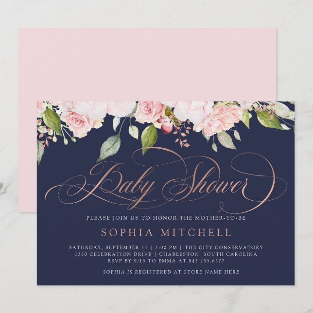 Pink Roses and Gold Script | Navy Baby Shower Invitation (Front/Back)