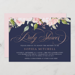 Pink Roses and Gold Script Navy Baby Shower Invitation