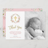 Pink Roses and Gold Script | Photo Baptism Thank You Card (Front/Back)