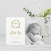 Pink Roses and Gold Script | Photo Baptism Thank You Card (Standing Front)