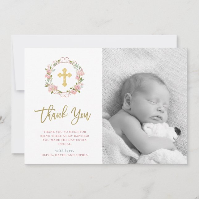 Pink Roses and Gold Script | Photo Baptism Thank You Card (Front)