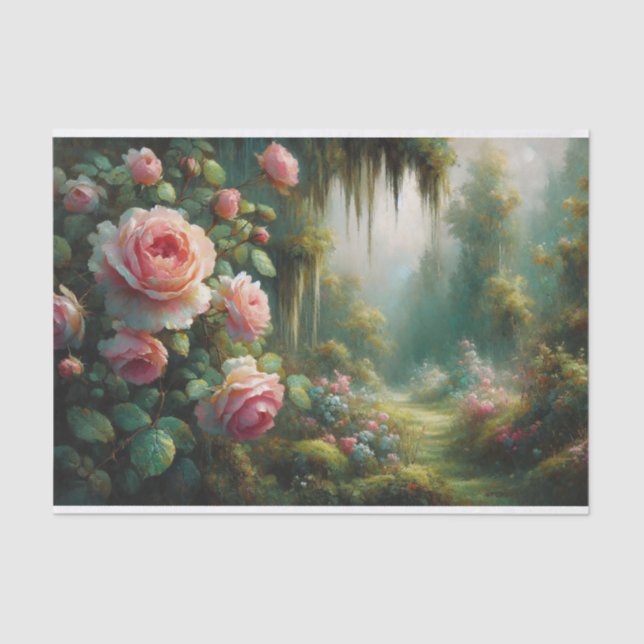 Pink Roses and Green Moss Impressionist Decoupage Tissue Paper (Front)